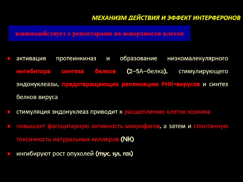 МЕХАНИЗМ ДЕЙСТВИЯ И ЭФФЕКТ ИНТЕРФЕРОНОВ    активация протеинкиназ и образование низкомалекулярного ингибитора